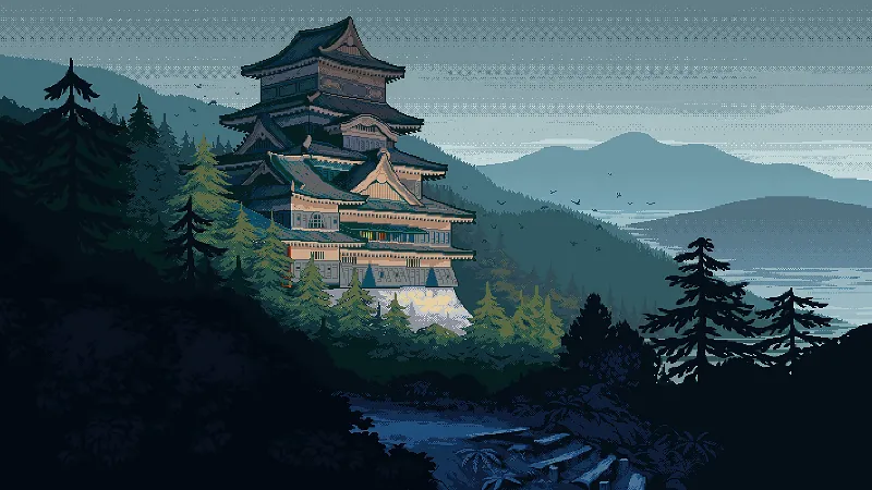 Japanese castle pixel digital art 4k wallpaper