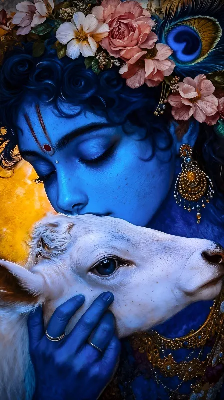 Krishna ji with white cow wallpaper