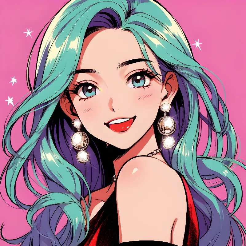 Cute anime girl with long glossy turquoise hairs