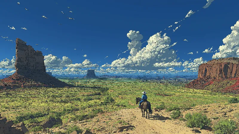 A lone cowboy riding a horse across a vast desert