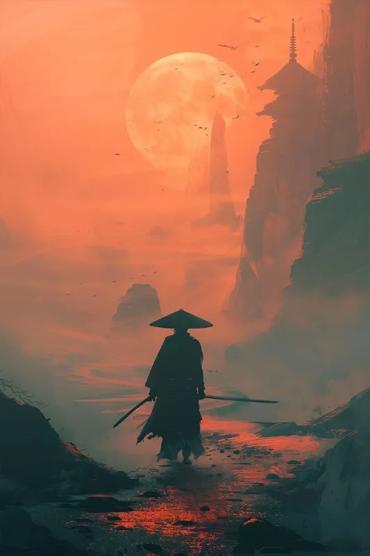 Samurai at sunset full hd wallpaper