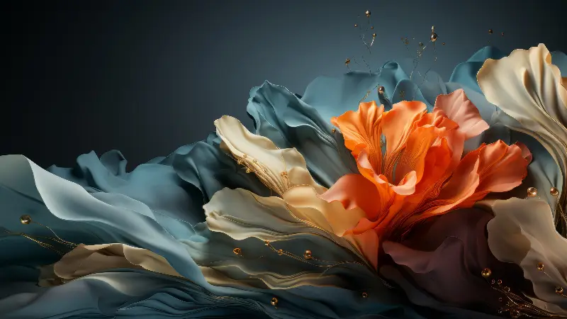 Abstract 3D Floral Art Wallpaper Elegant Orange & Blue Silk Flower Design 4K