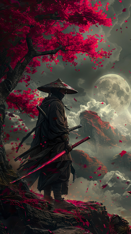 Japanese Samurai under cherry blossom
