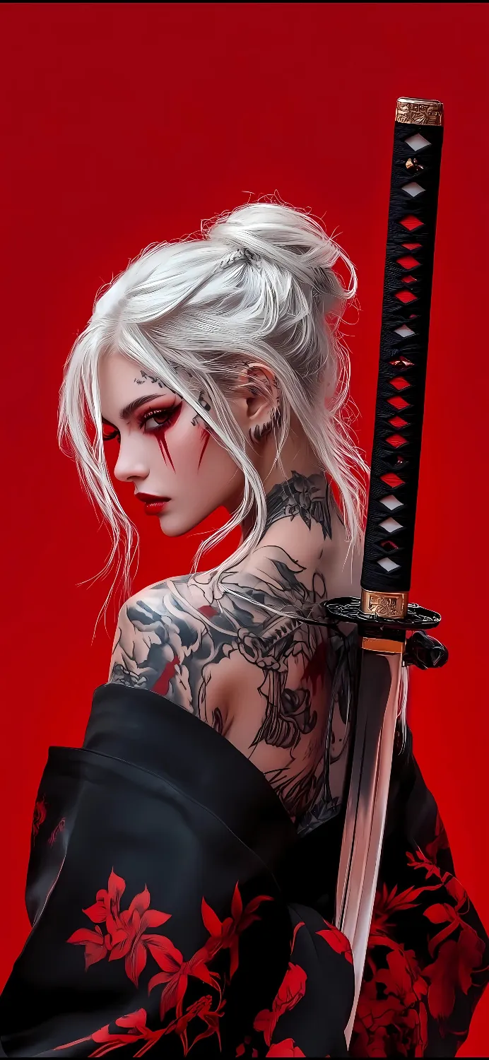 Beautiful warrior girl with sword red theme