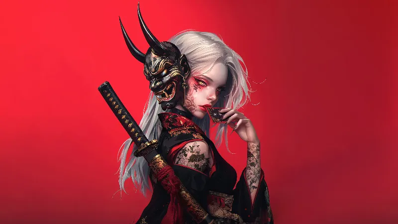 Anime girl demon mask 4k wallpaper