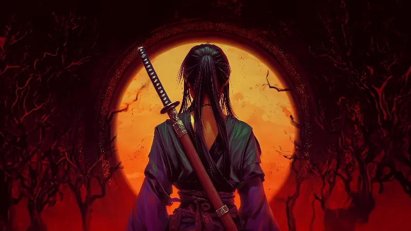 Girl samurai warrior at sunset Wallpaper Epic Katana Anime Scene 4K 