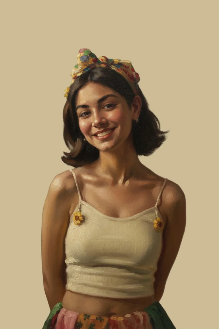 Portrait of Young Woman Smiling in Light Dress with Floral Headband