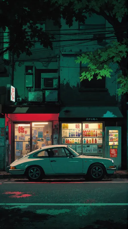 Parked in the silence of neon solitude